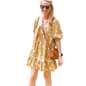 Old Navy Mustard Yellow Boho Baby Doll Floral Lined Dress Size Small